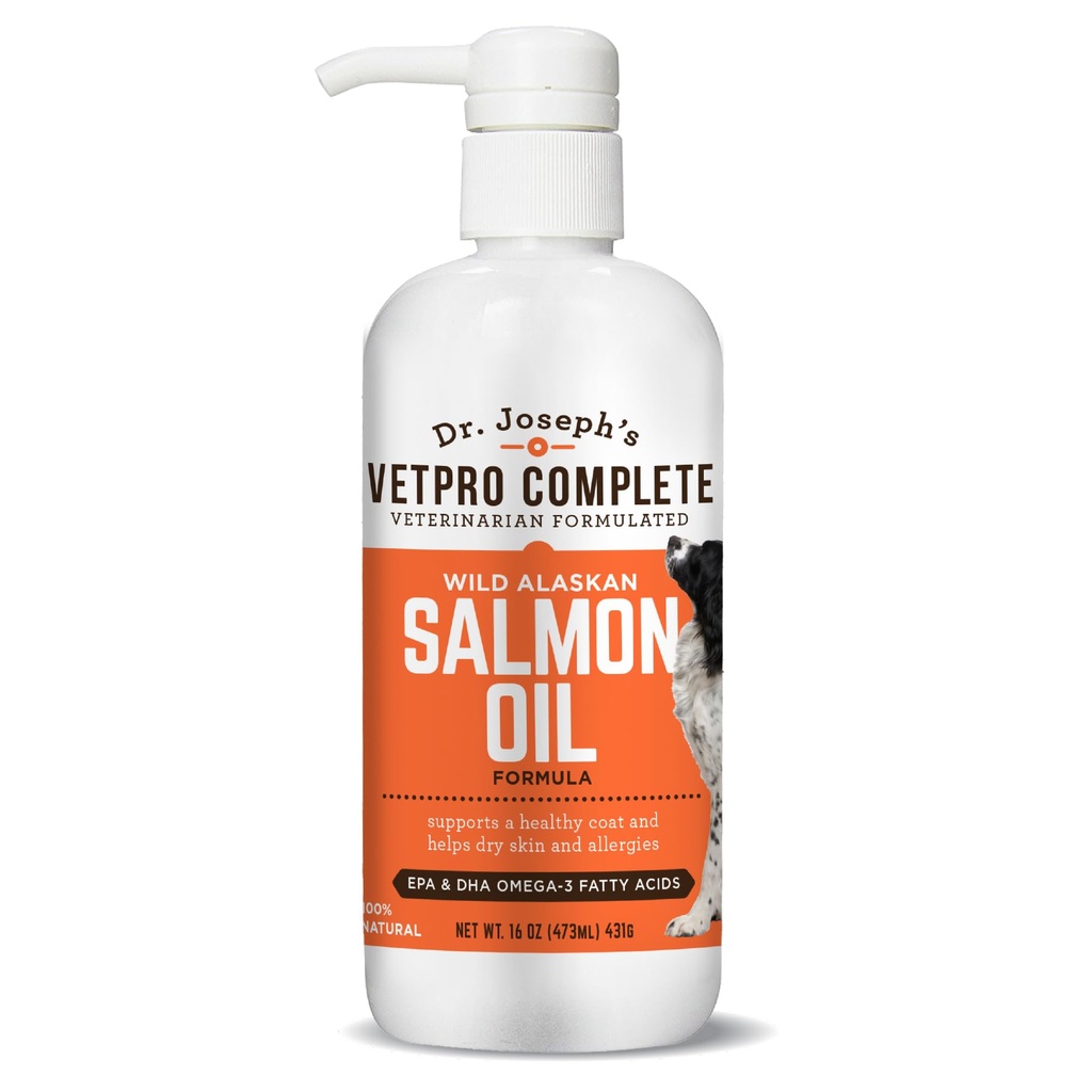 Dr. Joseph's VetPro Complete Wild Alaskan Salmon Oil Supplement for Dogs & Cats, 16 Ounces, Omega 3 & 6 Liquid Fish Oil, EPA + DHA Fatty Acids, Coat & Joint Support, Helps Dry Skin & Allergies
