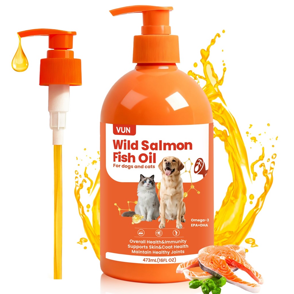 VUN Salmon Fish Oil for Dogs Skin and Coat,Unflavored Dog Omega 3 Oil | for Cats Itchy Dry Skin,Allergy& Itch Relief,Joints&Paws,Wild Liquid Fish Oil by Pump with EPA DHA–16 oz