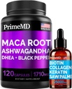 4-in-1 Liquid Biotin Collagen Keratin Saw Palmetto Drops (2 fl oz - 1 Pack) & 6-in-1 Maca Root Ashwagandha w Black Pepper Fruit (120ct) Bundle - Ile, azala, Nails, Energia eta Mood Support Supplement