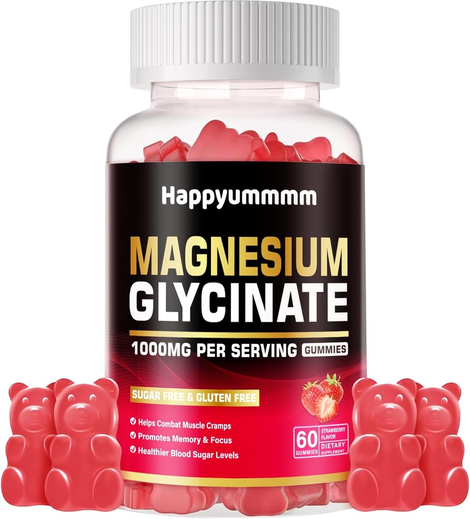 Magnesio Glycinate Gummies 1000mg - Sugar Free Magnesium Potassium Supplement D bitamina, B6, CoQ10 Calm Mood & Sleep Support - 60 Strawberry Gummies.