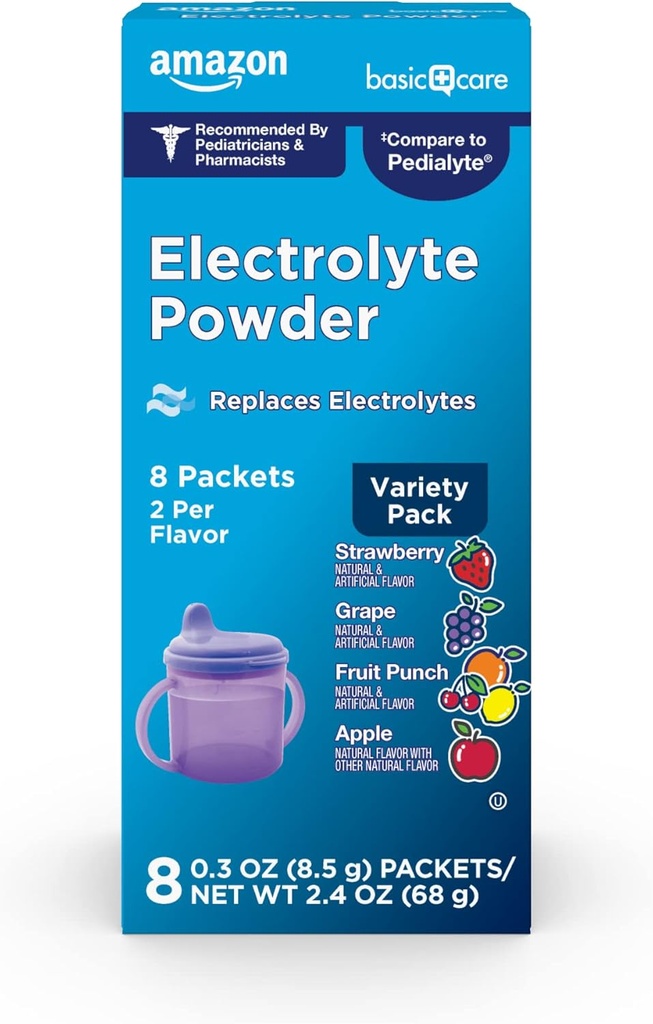   Basic Care Electrolyte Powder Variety Pack, Apple, Fruit Punch, Grape, Strawberry, 8 Count