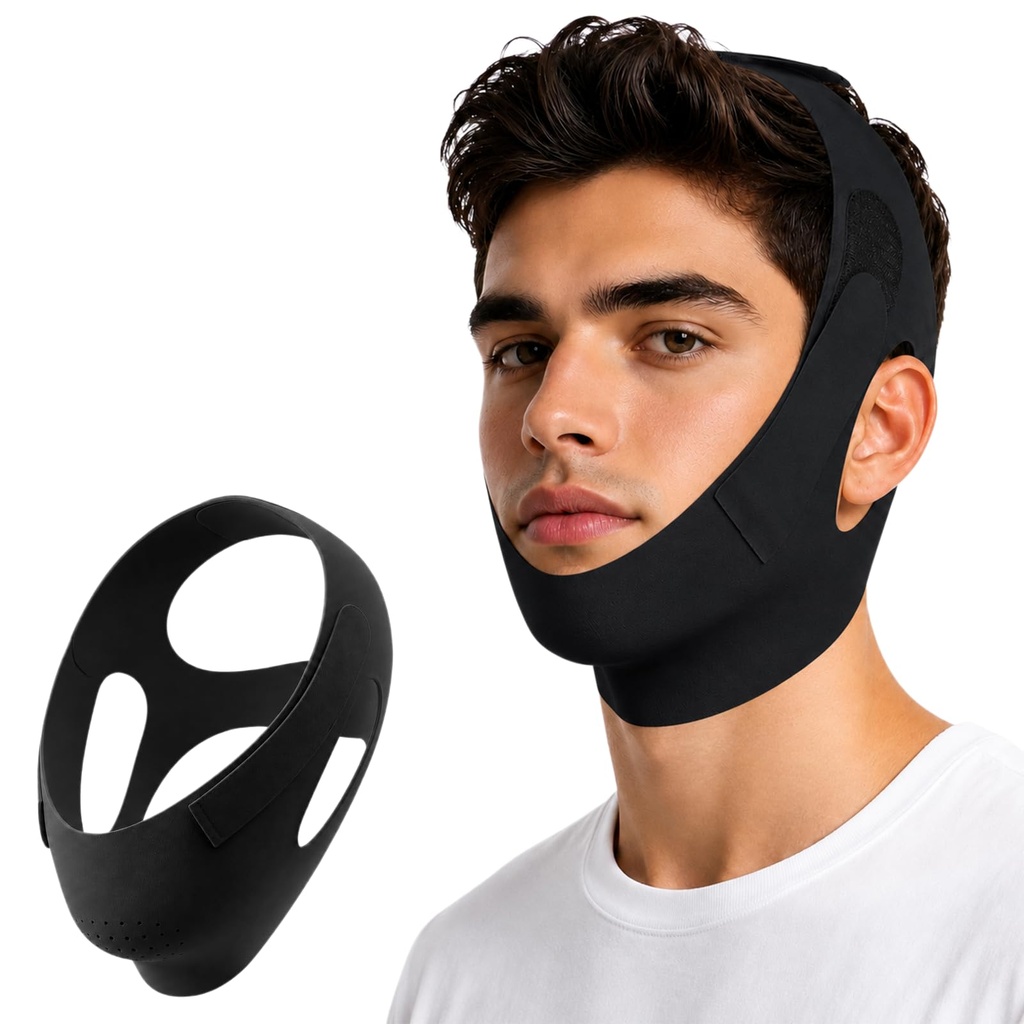 Anti Snoring Devices - Chin Strap for Sleeping, Black | 4-Side Adjustable Strap, High Elasticity, for Men Women CPAP Users