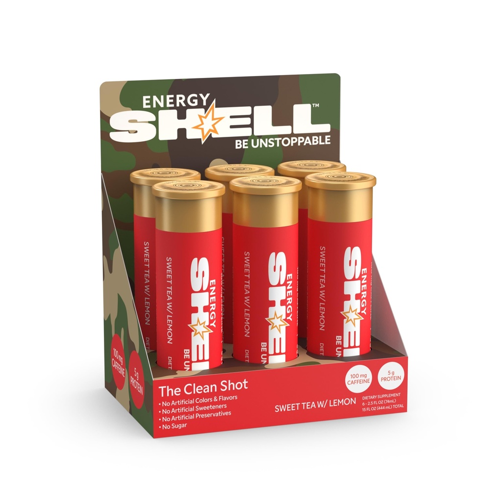 ENERGY SHELL Sweet Tea With Lemon Flavored Energy Shot 2.5oz, 100mg Natural Caffeine, Low Sugar Energy Drink with Amino Acids & 5g of Protein, Zero Artificial Flavors or Sweeteners (6 Pack)