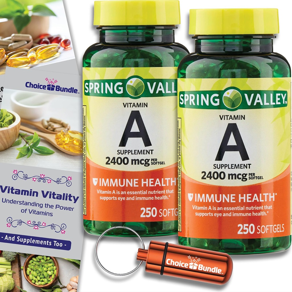 Spring Valley Vitamin A Supplement 2400 mcg Softgel 250 Ct 2 Pk (500 Total) + Vitamin Vitality & Pill Container (4 Items)!