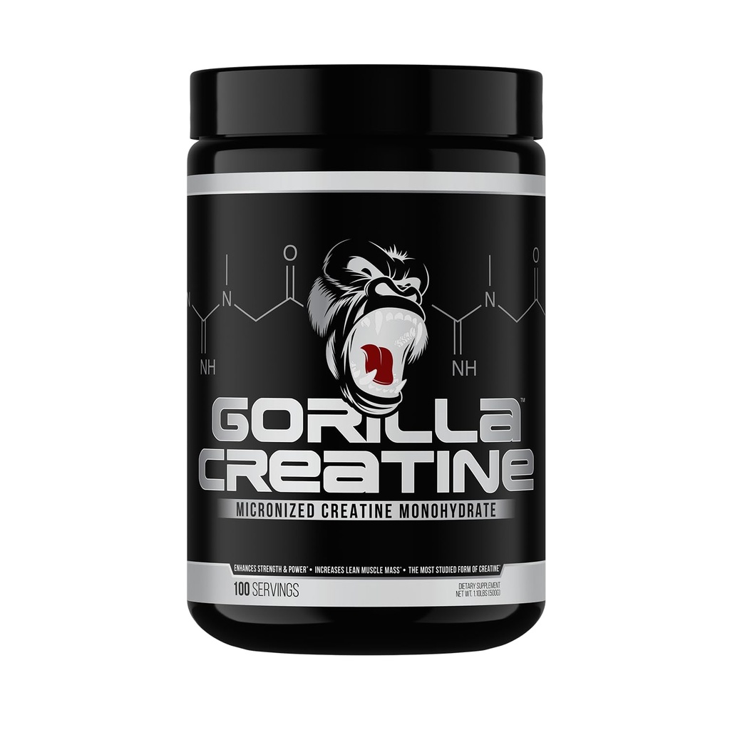 Gorilla Mind Creatine Monohydrate Micronized Powder, Improved Muscle Size, Power Output and Strength, 5 Grams per Serving, 100 Servings