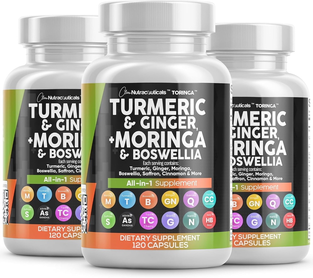 Turmeric Moringa Supplement Equipment 124; Ginger Boswellia Saffron - Suplement dla kobiet i mężczyzn z Ceylon Cynamon, Tart Cherry, Quercetin Czosnek Nettle Holy Basil - 3Pack
