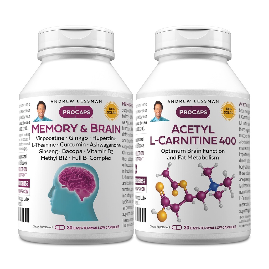 ANDREW LESSMAN Memory & Brain with ALC 400, 15+15 Capsules | Comprehensive cognitive support featuring Acetyl-L-Carnitine to help fuel healthy brain energy, memory and focus.