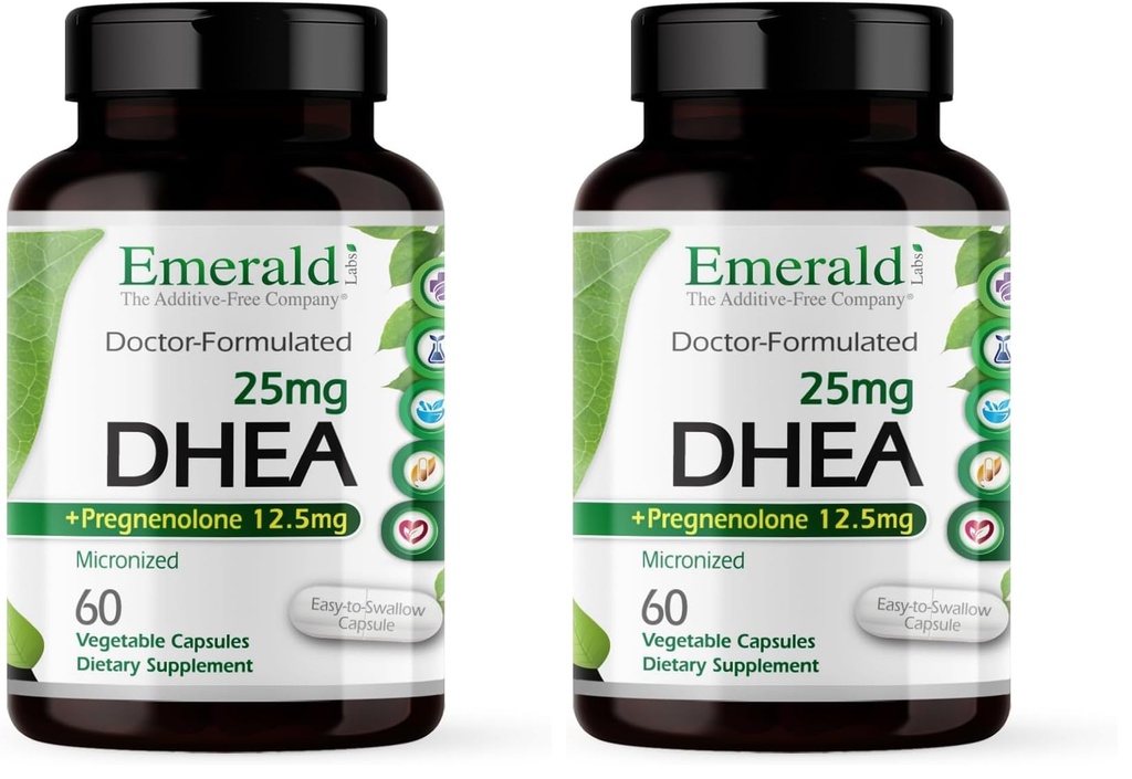 Emerald Labs DHEA 25mg - Adrenal Support Supplement to Help Hormone Balance* - Includes DHEA - Gluten-Free - 60 Vegetable Capsules (30-Day Supply) (Pack of 2)