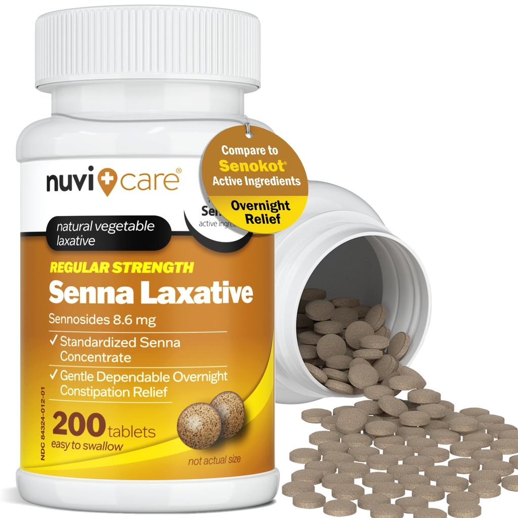 NUVICARE Senna Laxative 8.6mg Natural Senna Leaf Tablets, 200 Ct | Compares to Senokot; gentle vegetable laxative provides relief from occasional constipation, natural senna