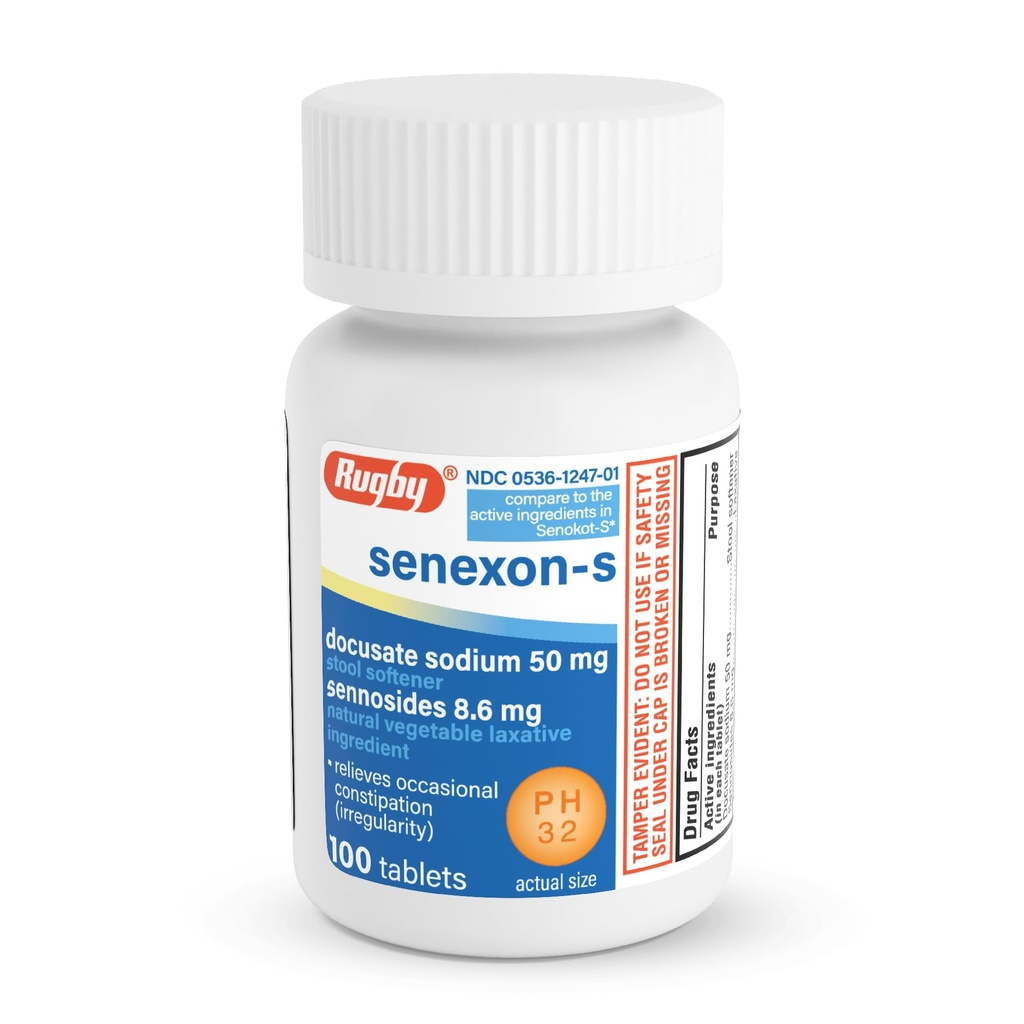 Rugby Senexon-S, Docusate Sodium 50mg, Sennosides 8.6mg, 100 Count (1-Pack) | Natural Vegetable Laxative Tablets, Stool Softener and Occasional Constipation Relief, Produces Bowel Movement in 6-12 Hours