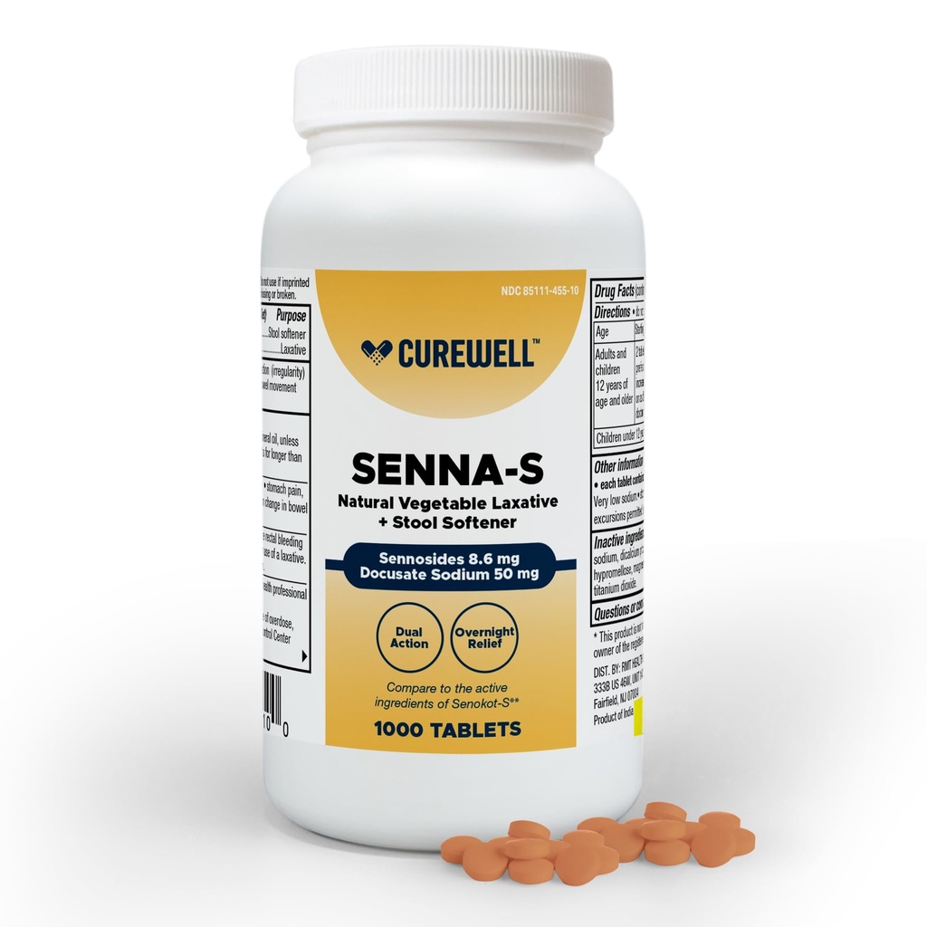 Senna-S Dual Action Natural Vegetable Laxative Plus Stool Softener (1000 Count) | Sennosides 8.6mg + Docusate Sodium 50mg | Relieves Occasional Constipation & Irregularity | Tablets