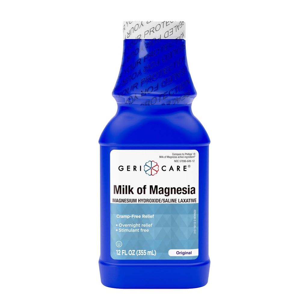 GeriCare Milk of Magnesia, Magnesium Hydroxide 1200mg | Original Flavor | Constipation Relief | Cramp-Free, Saline Laxative | 12 Fl Oz (Pack of 1)