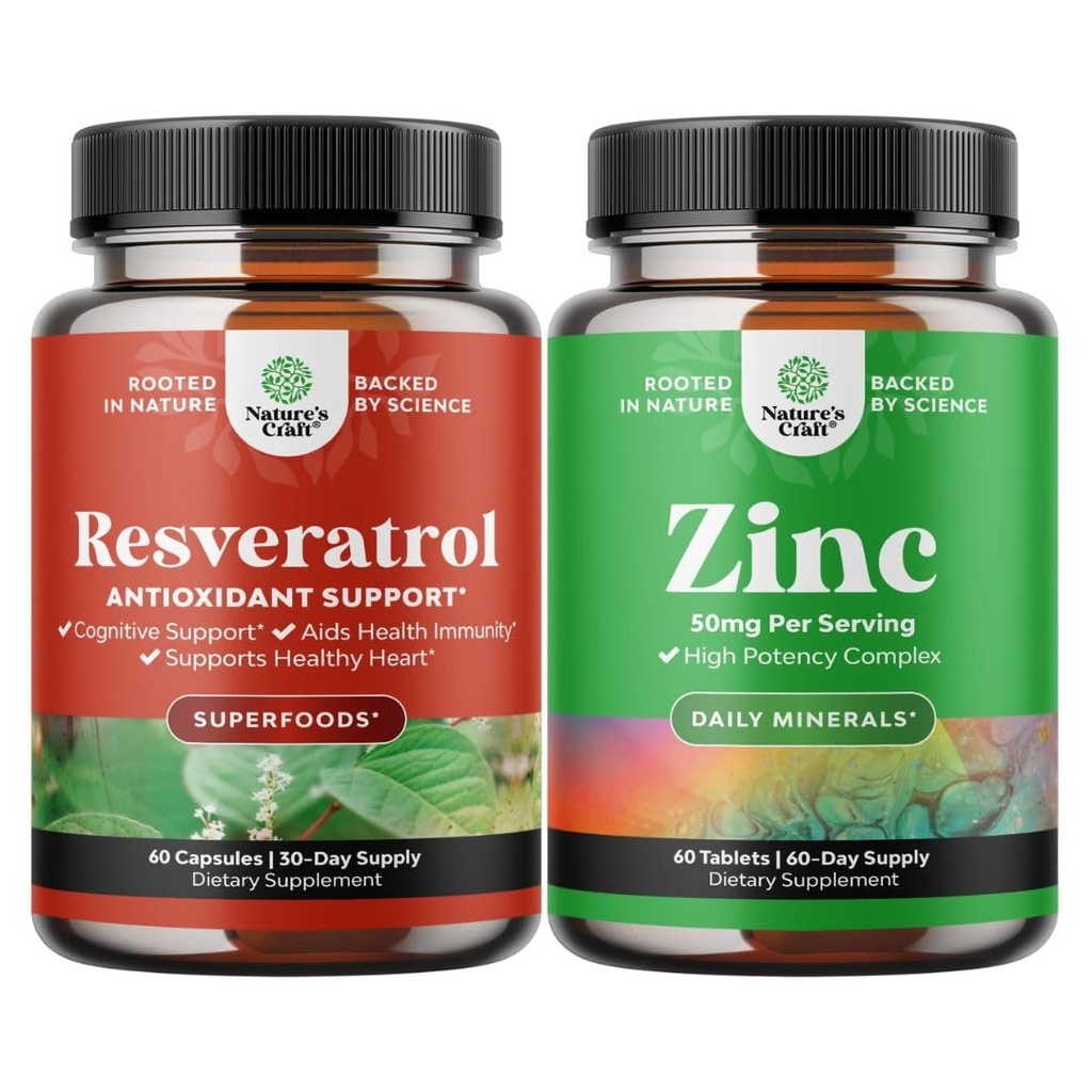 Bundle of Anti Aging Trans Resveratrol Supplement and Halal Zinc Supplement 50 mg - Natural Joint Support Supplement - Zinc Immune System Booster and Natural Zinc Supplement