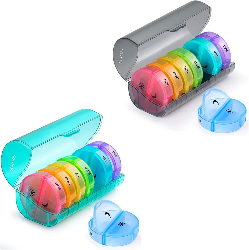 2 Pack Weekly Pill Organizer 7 Day 2 Times a Day, Sukuos Large Daily Pill Cases for Pills/Vitamin/Fish Oil/Supplements, BPA Free Pill Box, Lätt att rengöra