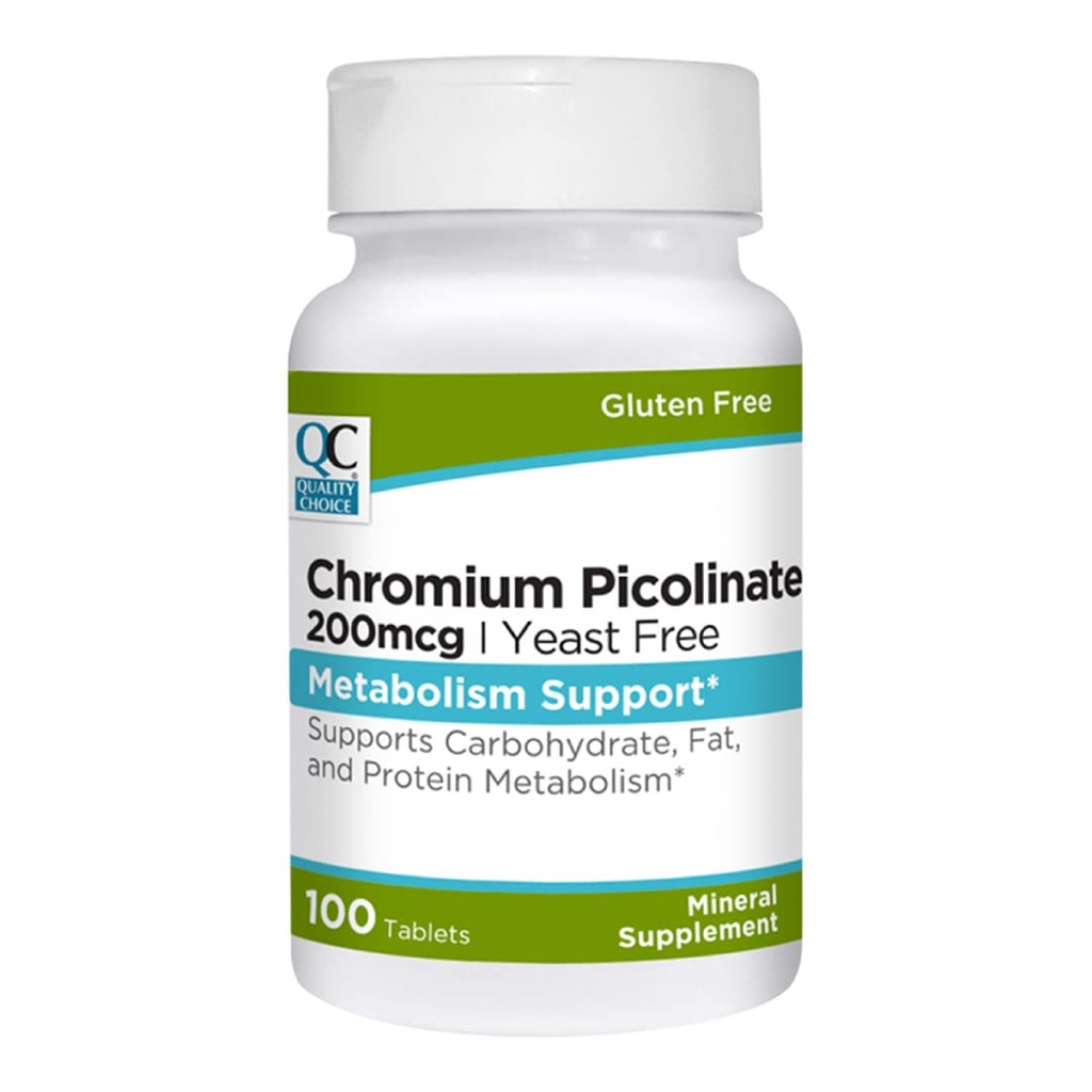 Quality Choice Chromium Picolinate 200 mcg for Support of Carbohydrates, Protein, and Fat Processing. 100 Tablets. Free of Preservatives, Artificial Flavors & Gluten.
