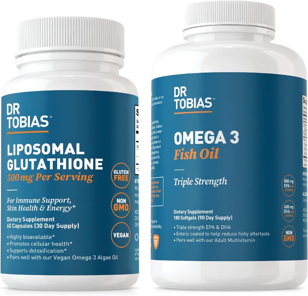 Tobias Omega 3 Fish Oil and Liposomal Glutatione - tukee immuunitoimintoa, ihon terveyttä ja ravinneabsorptiota - ei-GMO