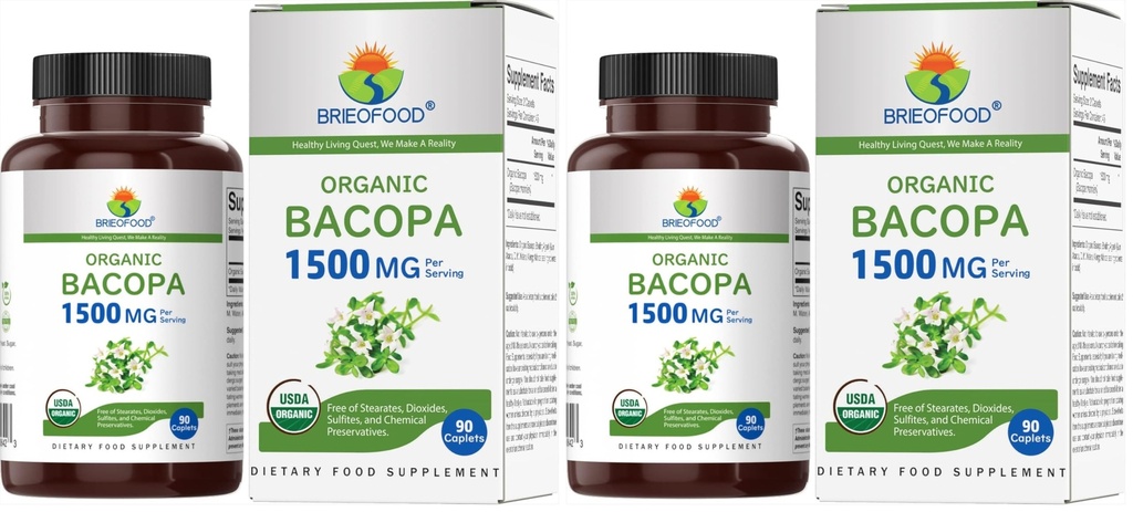 Organic Bacopa 1500mg, 45 Servings, Vegetarian, Gluten Free, 90 Vegetarian Tablets… (Pack of 2)