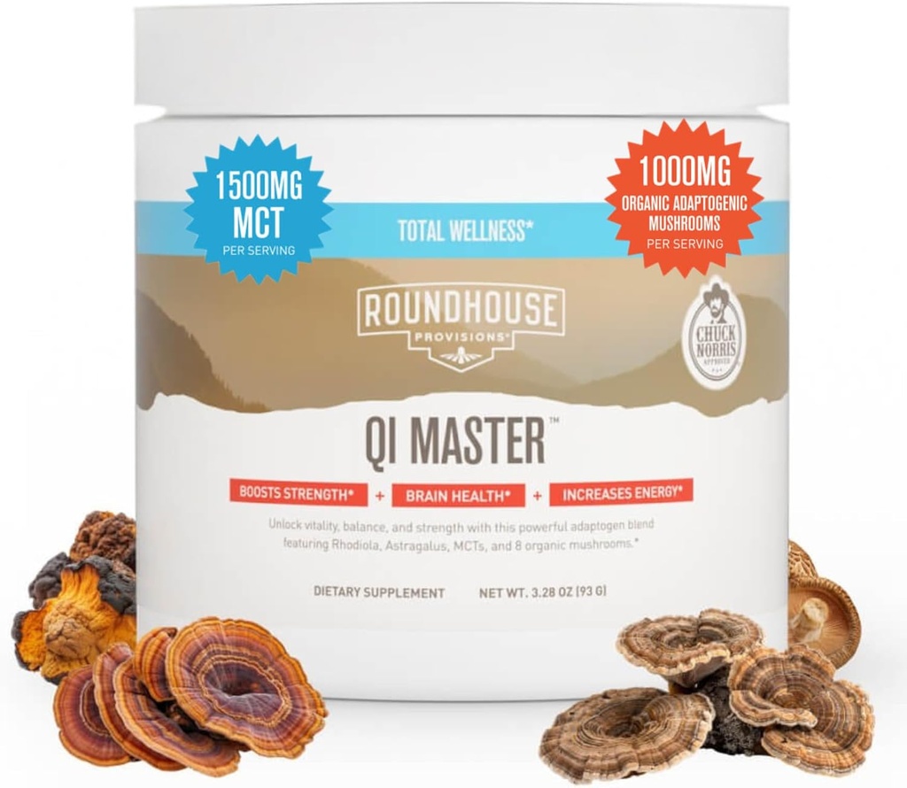PROVISION DE ROUNDHOUSE Qi Master Adaptogen Blend, Saveur de champignons terrestres avec racine Astragalus, Extrait de Rhodiolife, MCT, 8 champignons biologiques (30 scoops) par Chuck Norris