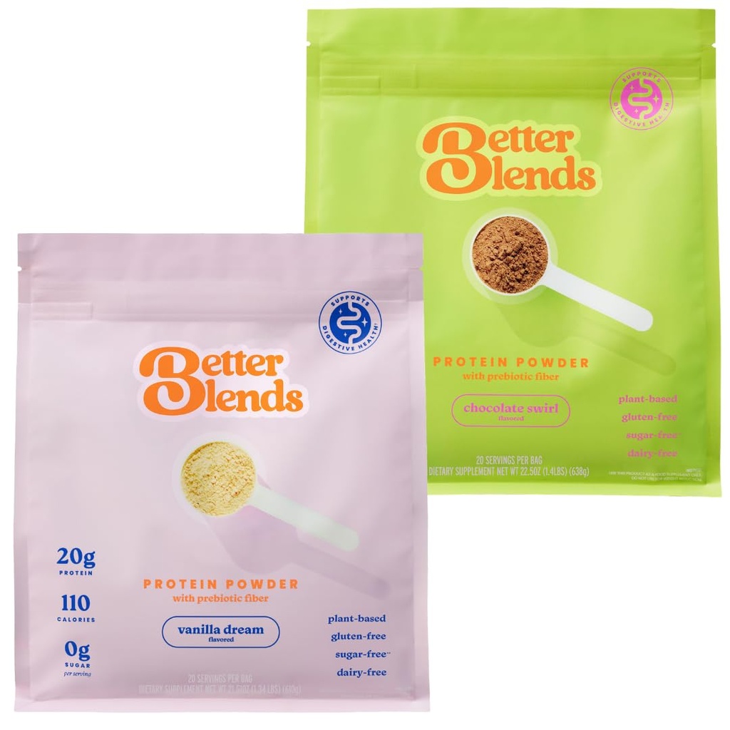 Gut-Friendly Protein Powder for Sensitive Stomachs, Low FODMAP, 20g Vegan Pea & Rice Protein with Prebiotic Fiber, Dairy-Free, Gluten-Free, No Sugar, Vanilla Dream and Chocolate Swirl