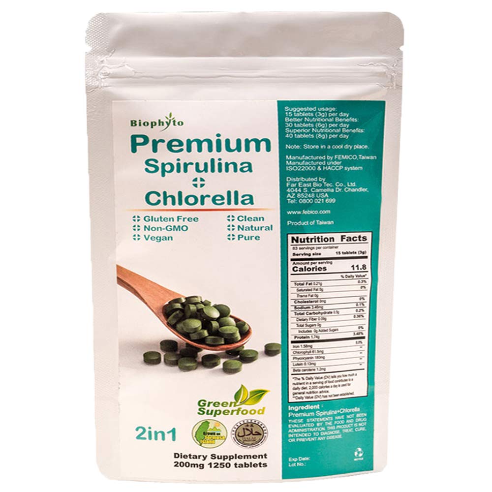 Biophyto-Chlorella Spirulina 2 in 1 Tablets- 1250 Counts- Broken Cell Wall- Vegan- 83 Days Supply- Phycocyanin, Protein- Non-GMO- Iron, Zinc, B12, Chlorophyll, Calcium- 100% Pure-Energy Supports