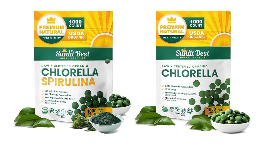 Sunlit Best Premium Chlorella Spirulina & Chlorella 1000 Count Tablet Bundle | for Immune Support, Energy, Wellbeing