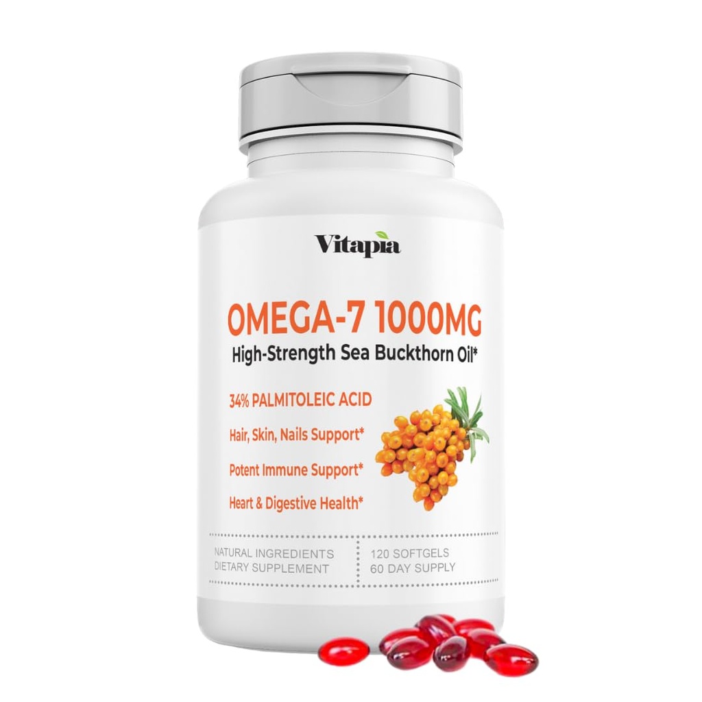Omega 7 Sea Buckthorn Berry Oil 1000mg for Hair, Skin, Nails, Heart Health Support - 34% Palmitoleic Acid & Natural Omega 3 6 9 Fatty Acids Supplement - 120 Capsules, Non-GMO, Gluten-Free