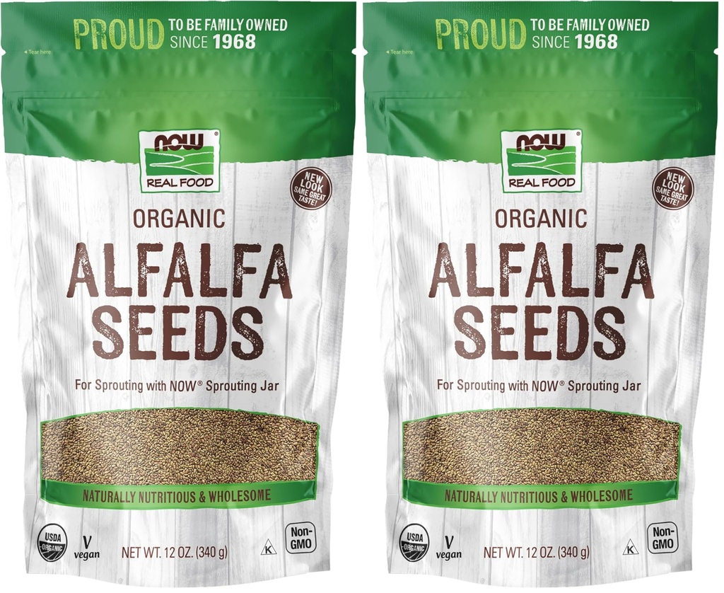 NOW Foods,Organic Alfalfa Seeds For Sprouting,Grown in the USA,Certified Non-GMO,12-Ounce (Packaging May Vary),(Pack of 2)