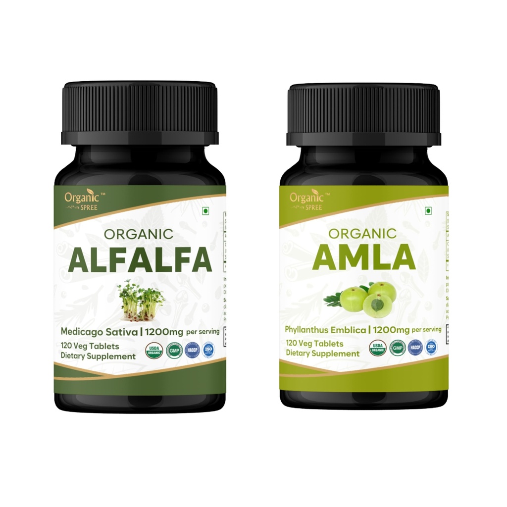 ORGANIC SPREE Alfalfa & Amla Supplement – 120 Tablets Each – USDA Organic Medicago Sativa & Indian Gooseberry – Supports Immune, Energy, Nutritional & Antioxidant Health*