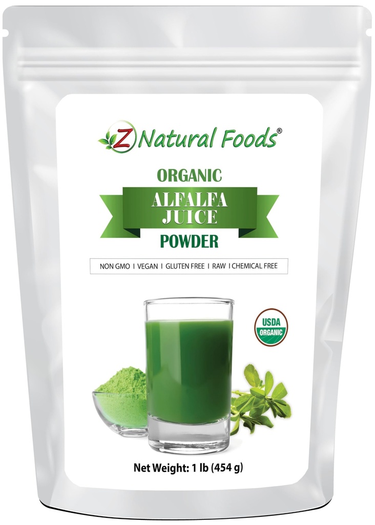 Z Natural Foods Organic Alfalfa Juice Powder - Raw Vegan Superfood, 1 lb | Non-GMO, Gluten-Free, All-Natural, Mix in Smoothies, Drinks & Recipes