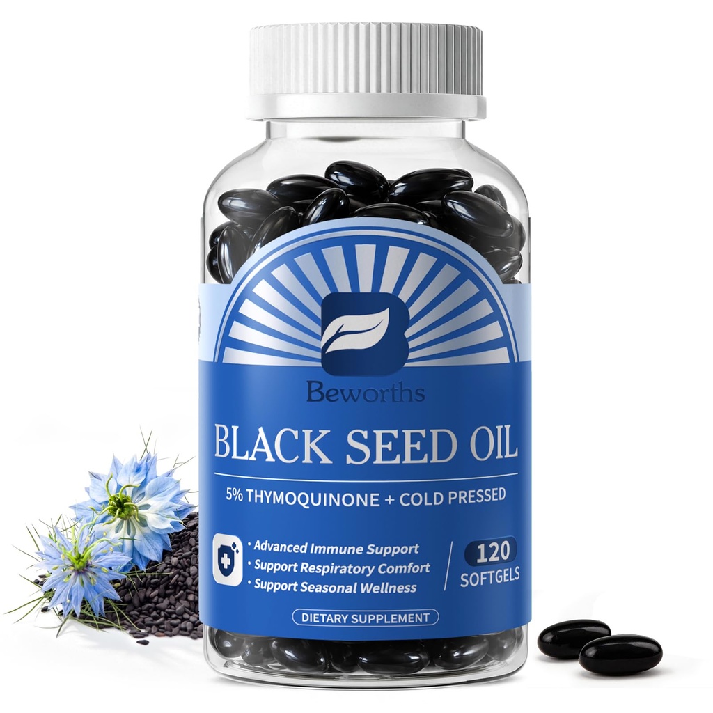 Cold Pressed Black Seed Oil Softgels - Rich in 5% Thymoquinone, 120pcs | Nigella Sativa Seed Oil Supplement – Digestive, Immune & Cellular Support – Easy to Swallow Soft Capsules