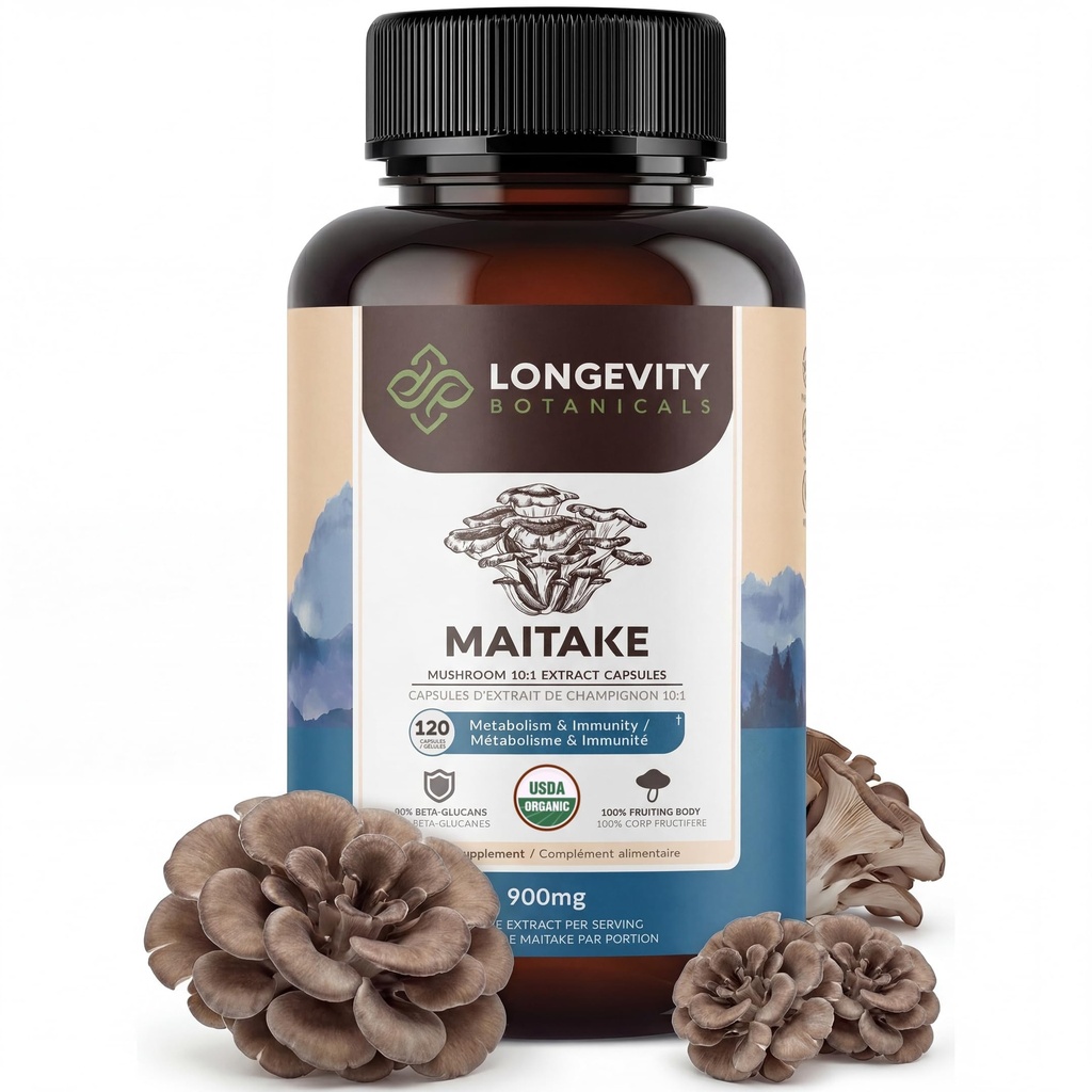Longevity Botanicals Organic Maitake Mushroom Capsules Supplement Extract 120ct | Grifola Frondosa Fruiting Body | ≥30% Beta-D-Glucans | 40 Servings of 900mg | Supports Daily Wellness