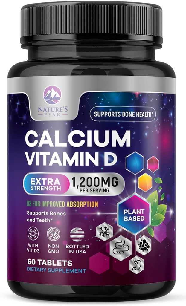 Calcium 1200 מ"ג עם ויטמין D3, Calcium תוספי ויטמינים, העצם, שיניים ו- Immune בריאות תמיכה, תוספי Calcium עם D עבור נשים וגברים, Calcium של הטבע פחמן - 60 טבליות