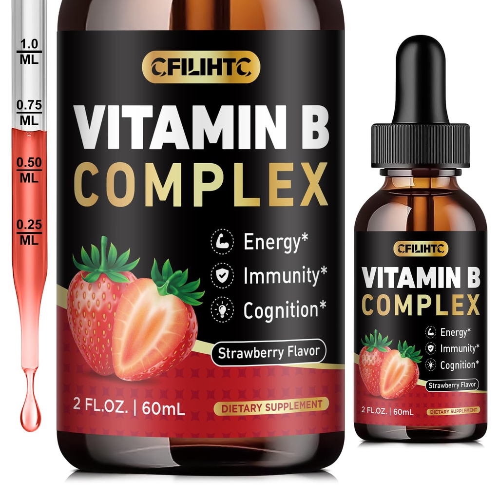 CFILIHTC Vitamin B Complex Liquid Drops, B Vitamins Complex Supplement with B1, B2, B3, B5 B6, B7, B9 & Methyl B12 Drops for Adults & Kids, Vegan, Strawberry Flavor