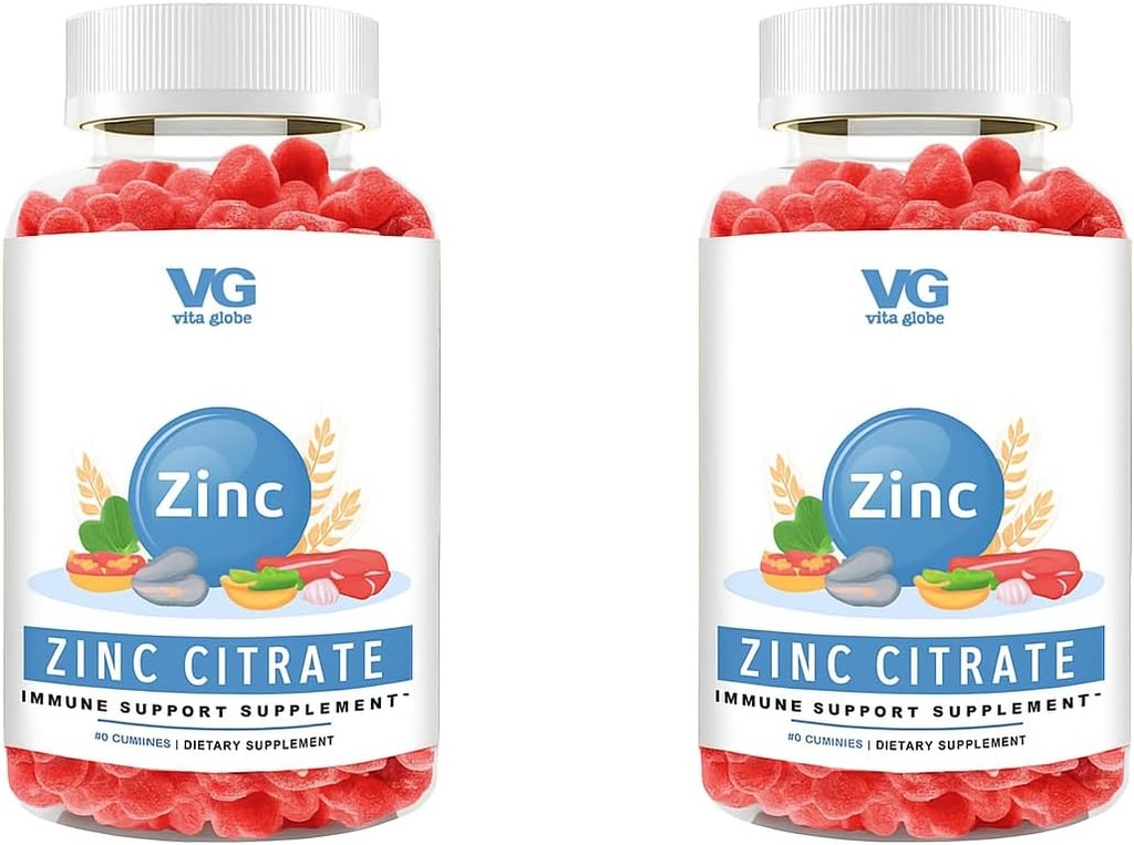 VITA GLOBE Zinc Citrate Gummies – 50mg Daily Zinc Supplement | Immune System & Skin Health Support | Vegan, Non-GMO Chewable Gummy Vitamins for Adults & Kids – 96 Count (Pack of 2)