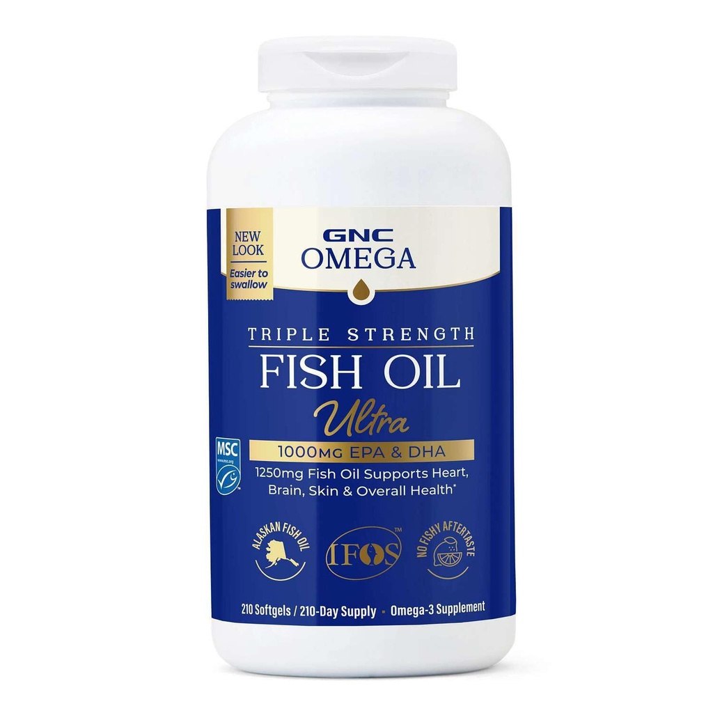 GNC Omega Triple Strength Fish Oil, Omega-3 Supplement, 210 Softgels | Delivers 1000mg EPA and DHA to Support Heart, Brain, Skin and Overall Health in an Easier to Swallow Softgel
