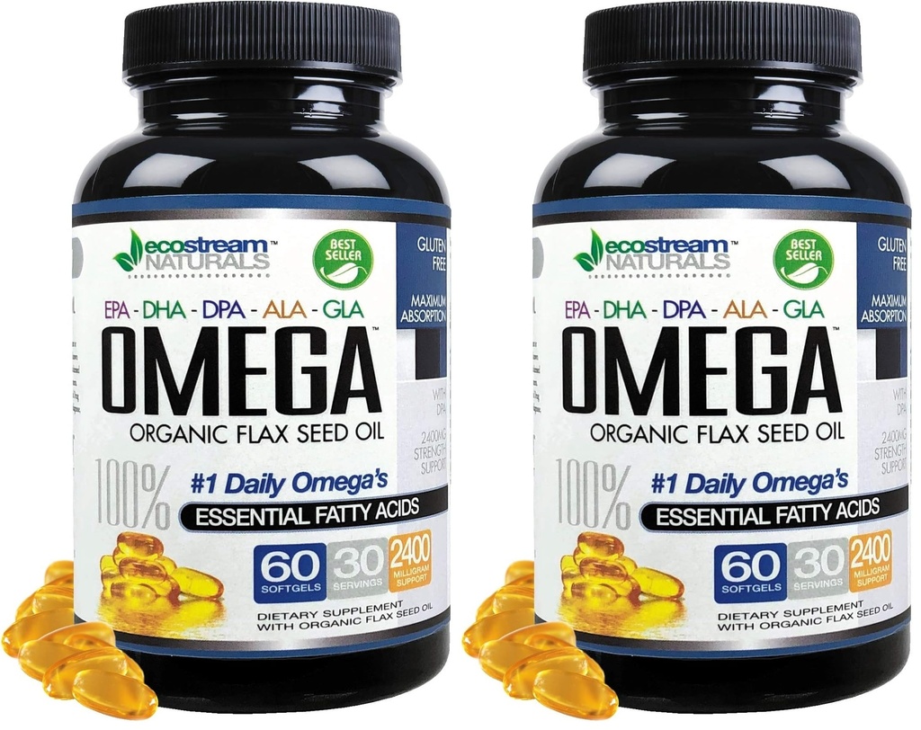 Omega 3-6-9 Blend with DPA, EPA, DHA, ALA and GLA and Organic Flax Seed Oil, Over 2,800 Milligram Strength - Gluten Free - Easy to Swallow - 60 SoftGels (Pack of 2)
