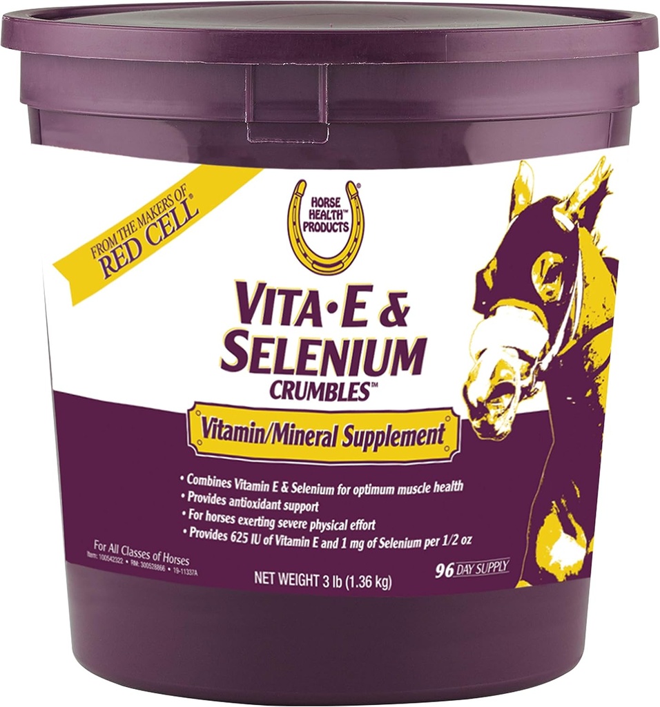 Hest Helse Vita E & Selenium Crumbles Hest Vitamin Supplement, støtter optimal muskel helse og antioksidant støtte, 3 lbs., 96 dagers forsyning