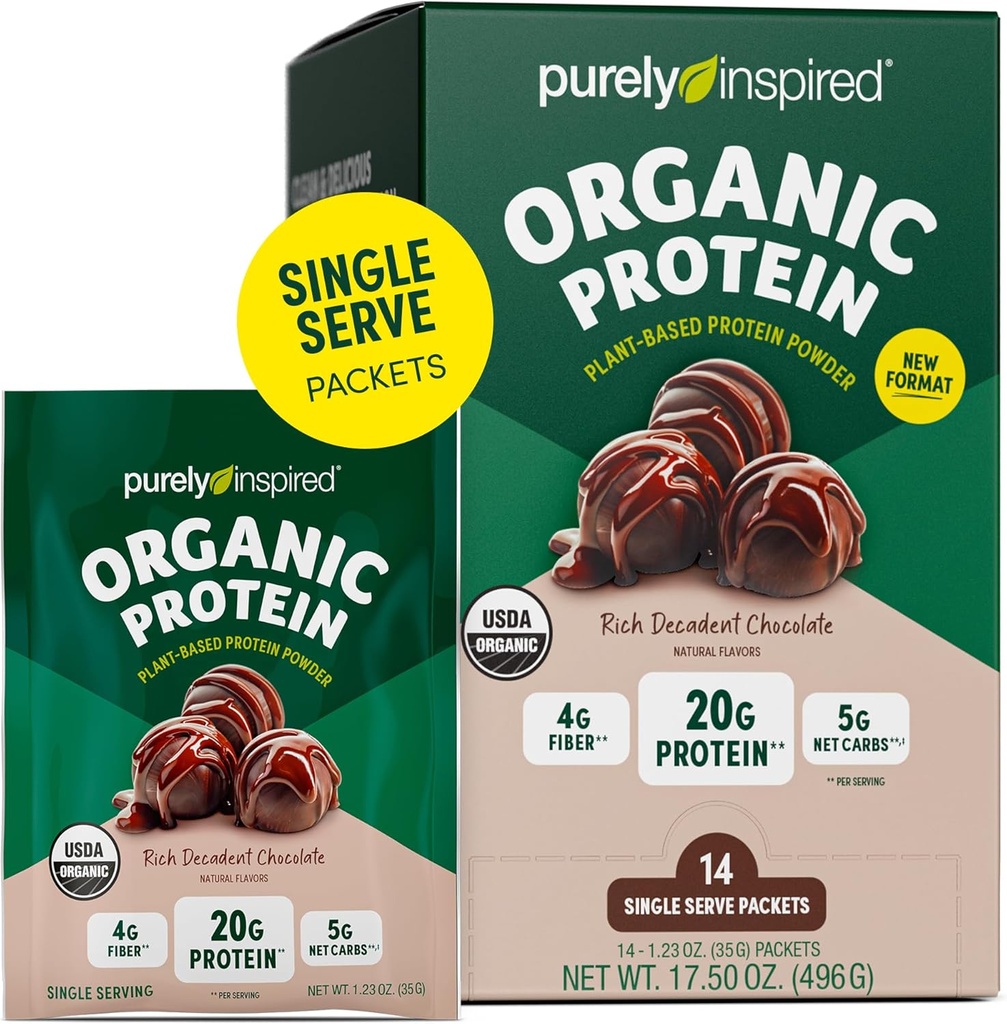 Puur geïnspireerd biologisch Proteïnepoeder, 14 Single Serve Packets, Rich Decadent Chocolate - 20 g plantaardig eiwitpoeder voor smoothies & Shakes - Dairy-Free, Non-GMO - voor mannen en vrouwen