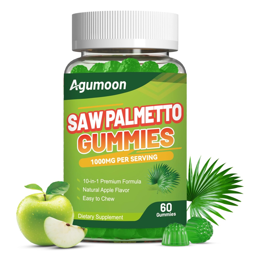 Saw Palmetto Gummies for Men, Saw Palmetto Supplement with Pumpkin Seed Oil | Biotin,Pygeum,Stinging Nettle for Men Wellness Support,Hormone Balance, Hair Health,Sugar Free, Vegan, 60ct