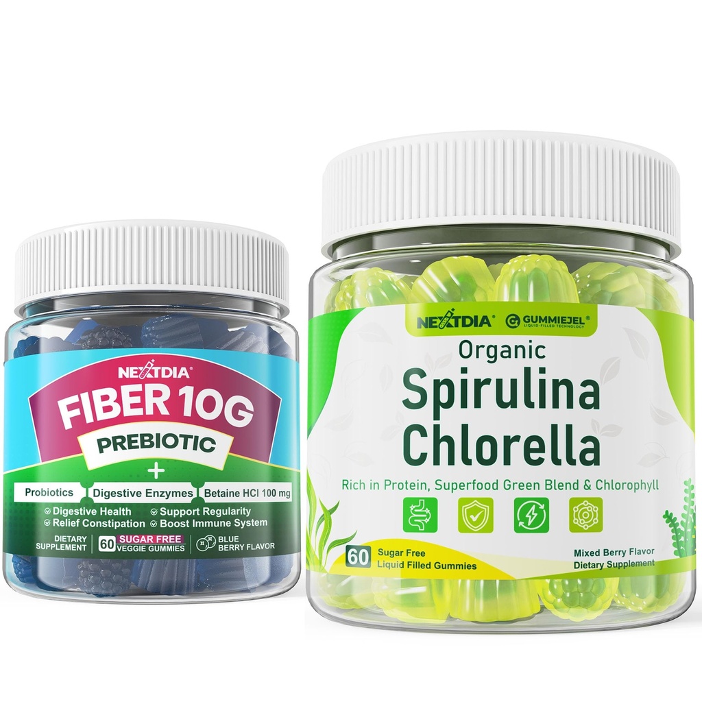 Nextdia Sugar Free Spirulina Chlorella Gummies 1 Pack + Fiber Gummies 2 Pack