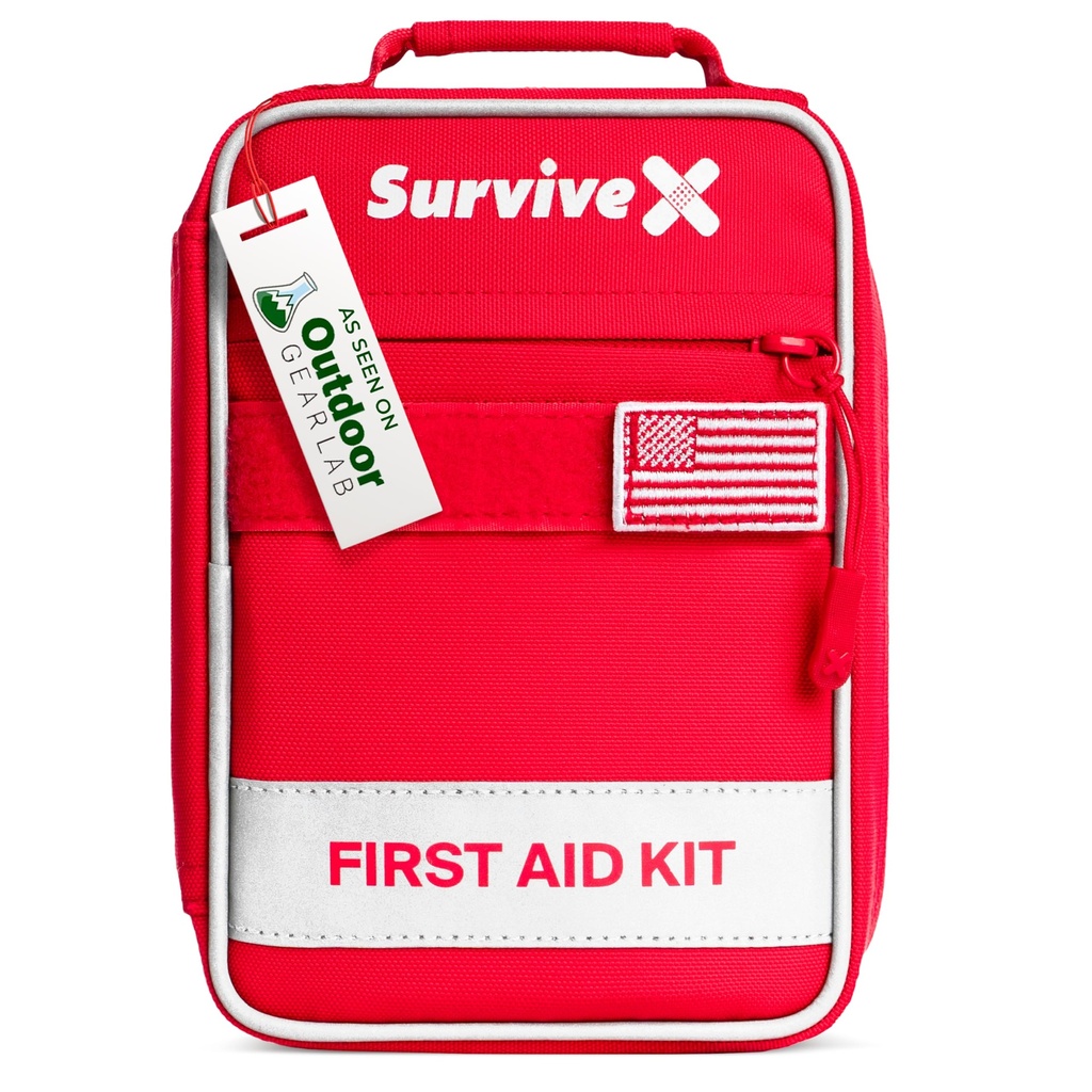 SurviveX Small First Aid Kit, Zip Stitch Wound Closures, Labeled Pockets | Compact emergency kit for 2-3 people, mounts to anything, organized first aid for car, home, travel, camping, outdoors