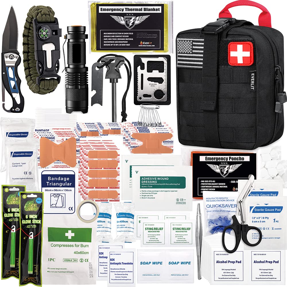 EVERLIT 250 Pcs Survival First Aid Kit | IFAK Outdoor Survival Kit Emergency Kit For Camping Hiking Hunting Earthquake Emergency Preparedness