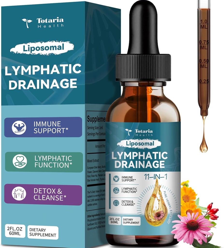 Drenagem Linfática Lipossômica Drops - 11 em 1 Suplemento Linfático Orgânico Drenagem com Burdock Root, Echinacea, Elderberry, Calendula, Cleavers Herb, Dandelion Suporta Saúde Linfática 2 FL.OZ