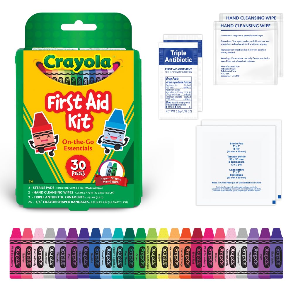 Crayola First Aid Kit, Everyday Essentials, 30 Pieces | First Aid Kit for Kids & Adults, Travel-Friendly Compact for Home, Car, Camping, and Traveling.