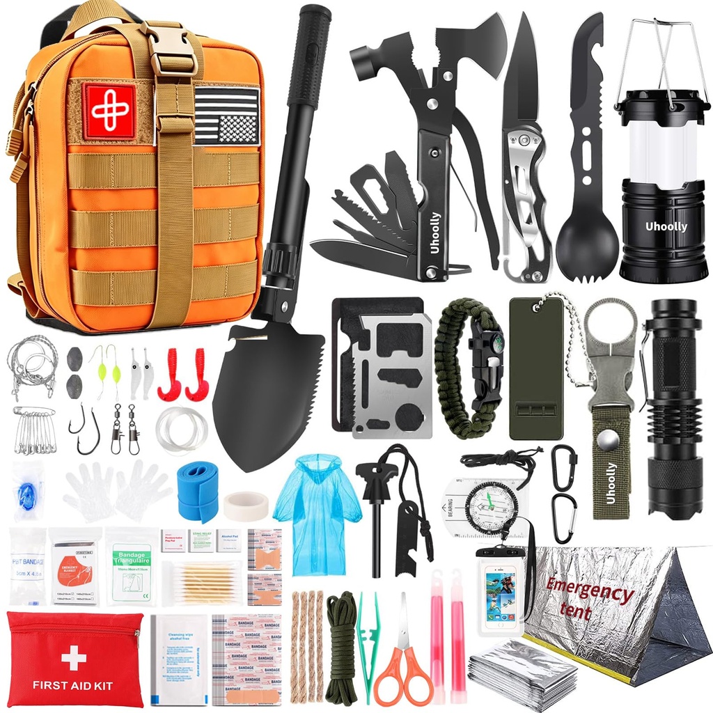 260Pcs Emergency Survival Kit, Full First Aid Supplies with Thermal Emergency Tent, Waterproof MOLLE Backpack, Emergency Gear for Car Earthquake Hiking Camping, Ideal Gift for Men, Dad