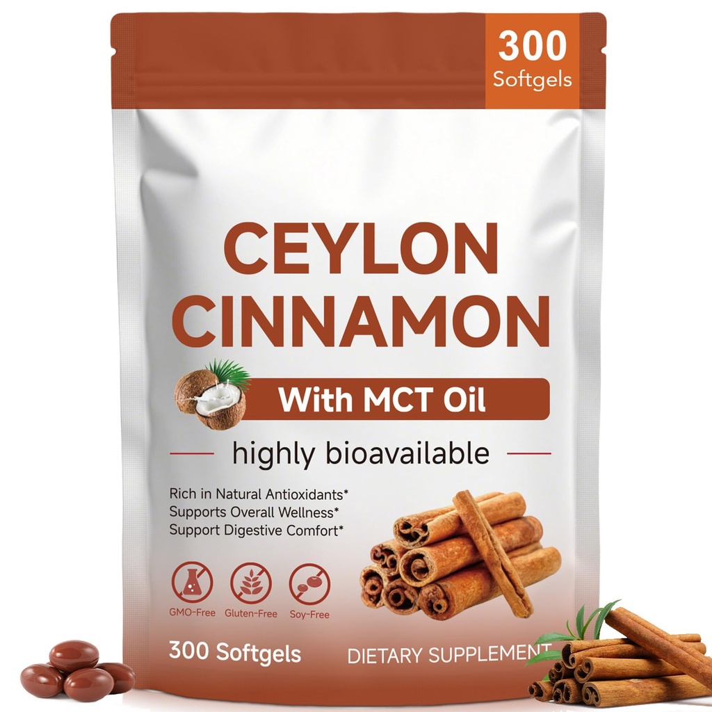Ceylon Cinnamon Softgels with MCT Oil, 300 Softgels | True Ceylon Cinnamon Supplement