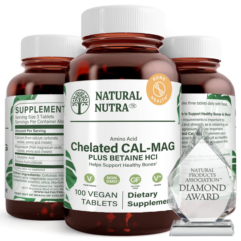 Natural Nutra Chelated Calcium Magnesium 1000/500 mg Supplements Plus Betaine HCL - Chelated Cal Mag Improves Bone Density, Supports Muscle, Teeth, Cardiovascular & Nerve Health, 100 Vegan Tablets