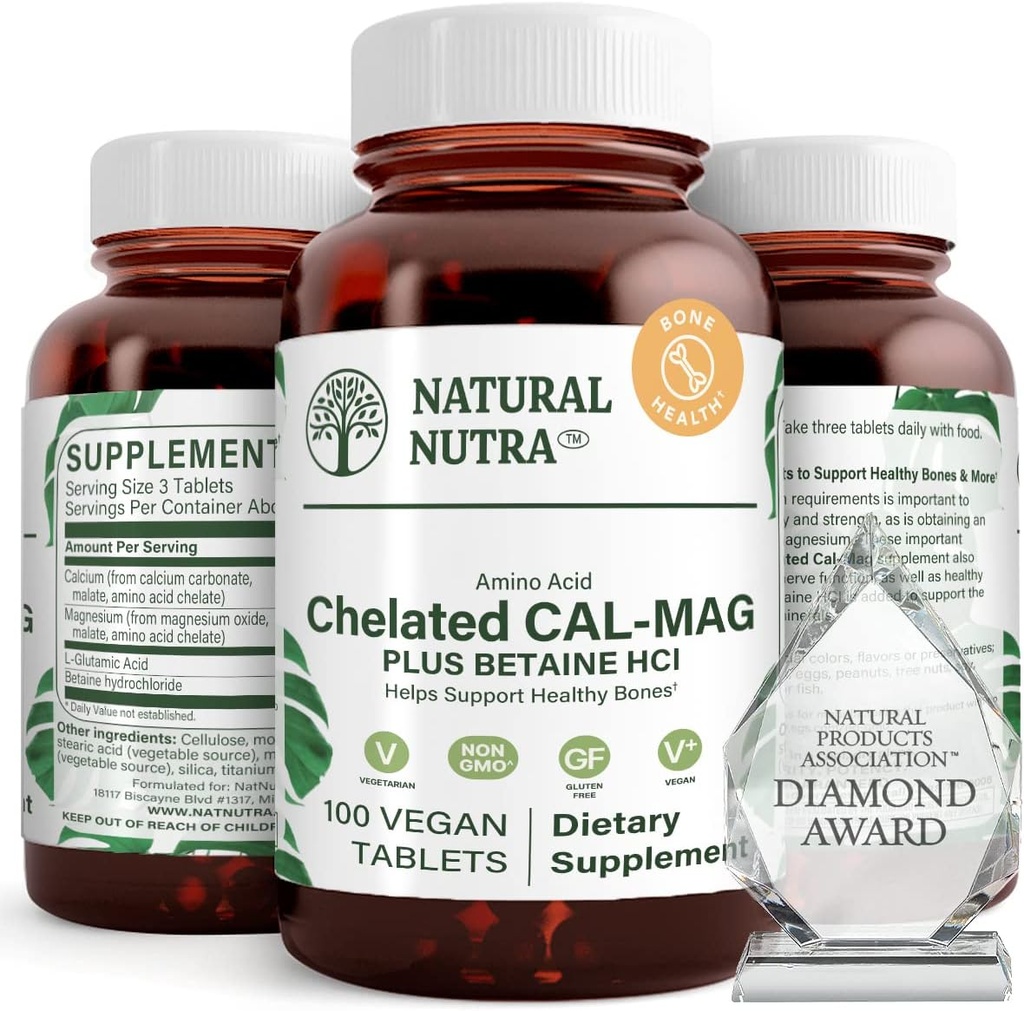 Natural Nutra Chelated Calcium Magnesium 1000/500 mg Supplements Plus Betaine HCL - Chelated Cal Mag förbättrar bendensitet, stöder muskel, tänder, kardiovaskulär och nervhälsa, 100 Vegan tabletter