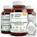 Natural Nutra Chelated Calcium Magnesium 1000/500 mg Supplements Plus Betaine HCL - Chelated Cal Mag Improves Bone Density, Supports Muscle, Teeth, Cardiovascular & Nerve Health, 100 Vegan Tablets