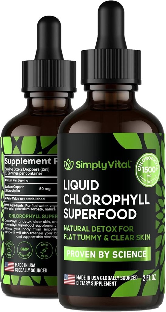SimpliVital Chlorofilas Skysti lašai švarios odos ir energijos Boost - Imuninis paramos priedas - Pagaminta JAV - Skystas chlorofilas Gut Health - Vidaus dezodorantas - Antioksidantas- 2 FL OZ